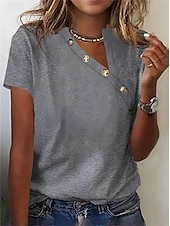 お買い得  プレーンTシャツ-女性用 Tシャツ ドレッシーなトップス 純色 スタイリッシュ カジュアル 半袖 非対称ネック レギュラートップス 日常 ボタン ブラック ホワイト ピンク グリーン グレー 夏