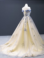 economico Abiti Lunghi &amp; Gowns-Abiti da sposa Abito da ballo Senza Spalle Senza Maniche Strascico a Terra Raso Abiti da sposa Con Pieghe Applicazioni 2025