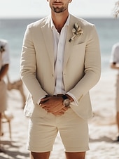 billige Bryllupsdresser-Menn Smokings Lindresser Strandbryllup Himmelblå Kakifarget Sommer Dress Hakkjakkeslag Mote Daglig Ensfarget Standard passform 2-delt sett Enkelt Brystet To-knapp