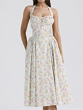 cheap Dresses-Retro Vintage Medieval Renaissance Midi Dress Flare Dress Ren Faire Halter Regency Inspired Floral Women&#039;s Masquerade Wedding Vacation Casual Daily Adults&#039; Dress Summer