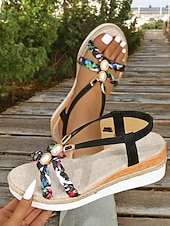 preiswerte Espadrillesandalen-Damen-Boho-Plateau-Keilsandalen – geflochtene Riemchensandalen mit Edelsteinakzenten für Freizeit, Strand und Urlaub