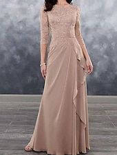 preiswerte Unter 129,99 $-Kleid Brautmutterkleid Hochzeitsgast Elegant Einfach Rundhalsausschnitt Bodenlang Polyester Dreiviertelarm mit Spitze Einfarbig 2025