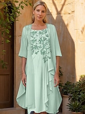 preiswerte Mit Jacke-Zweiteilig A-Linie Brautmutterkleid Elegant Minimalistisch Glanz &amp; Glamour Rundhalsausschnitt Knielang Chiffon Spitze Halbarm Mit Schal Jackenkleider mit Perlenstickerei Rüschen Applikationen 2025