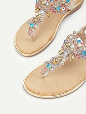 preiswerte Braut-Flache Sandalen mit goldenen Strasssteinen für Damen – elegante T-Riemen-Sandalen im Bohème-Stil für den Sommer, den Strandurlaub und Freizeitausflüge