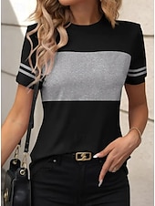 billige Stripe og geometrisk t-skjorte-Dame T skjorte Stripet Fritid Kortermet Rund hals Vanlige topper Daglig Ut på byen Helg Trykt mønster Svart Hvit Sommer