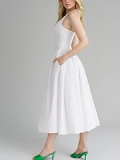 olcso Fehér alkalmi ruhák-Női Midi ruha Ballagási ruha Rakott ruha Boho esküvői vendégruha Elegáns Bodycon ruha Tömör szín Ujjatlan Kötőfék nyaka Fehér Nyár