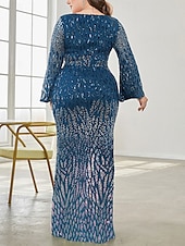 baratos AZUL-Vestido Plus Size Mãe da Noiva Vestido de Curvas Elegante Festa Decote em V Comprimento do Chão Spandex Manga Longa com Lantejoula 2025
