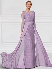 preiswerte Bodenlänge-Kleid  Säulen-Kleid Brautmutter Kleid Elegantes Bateau-Ausschnitt Bodenlang Chiffon Spitze Lange Ärmel mit Spitze Einfarbig