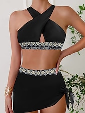 cheap Bikini Sets-Women&#039;s Swimwear Bikini 2 Piece Cheeky Swimsuit Push Up Knitted Vacation Tropical Floral Color Block Halter Neck Sleeveless Bathing Suits