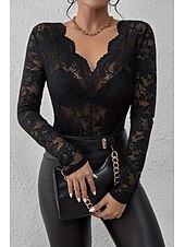 preiswerte Spitzenoberteile-Damen Spitzenhemd Bluse Glatt Stilvoll Langarm V Ausschnitt Normale Oberteile Täglich Ausgehen Spitze Schwarz Weiß Wein Sommer