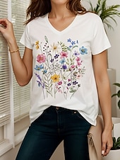 voordelige Bloementhee-Dames T-shirt Bloemig Grafisch Casual Korte mouw V-hals Normale tops Dagelijks Uitgaan Strand Kleding Afdrukken Wit Zomer