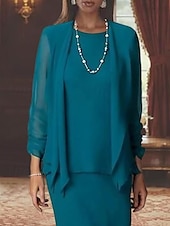 voordelige Met Jas-Twee delige sheath moeder van de bruid jurk formele bruiloft gast elegante scoop hals vloer lengte chiffon lange mouw omslag inbegrepen met effen kleur gratis op maat gemaakt
