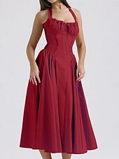 cheap Dresses-Retro Vintage Medieval Renaissance Midi Dress Flare Dress Ren Faire Halter Regency Inspired Floral Women&#039;s Masquerade Wedding Vacation Casual Daily Adults&#039; Dress Summer