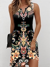 olcso Boho ruhák-Womens Mini Ruha Nyári Ruha Elegáns Vintage Stílusos Vakáció Születésnapi Hétköznapi Szabályos Fit Grafikus Paisley Ujjatlan V Nyak Fekete Nyári