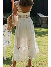 cheap White Graduation Dresses-Women&#039;s Midi Dress White Dress Graduation Dress Elegant Fashion Modern Vacation Birthday Going out Regular Fit Plain Sleeveless U Neck White Summer