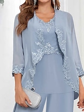 preiswerte Hosenanzüge für Mama-Hosenanzug Brautmutterkleid Hochzeitsgast Elegant Einfach Rundausschnitt Bodenlang Polyester Langarm mit Einfarbig 2025