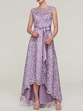 abordables Longueur du thé-Robe Mère de la Mariée A-Line Invité de Mariage Élégante Minimaliste Détachable Col Bascule Asymétrique Mi-Longue en Dentelle Charmeuse Sans Manches avec Dentelle Robe Midi 2025