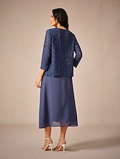 ieftine Rochii Party-Pentru femei Set de rochii Rochie A line Rochii Semi Formale Dantelă Rochii Midi Lungime Manșon 3/4 Pătrat Invitat la nunta Bleumarin Vară Primăvară Fit regulat