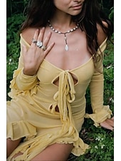 levne Boho šaty-Dámské Dlouhé šaty Maxi šaty Boho šaty Módní Dovolená Rande Jdeme ven Běžný Bez vzoru Dlouhý rukáv Do V Světle žlutá Léto