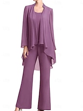 economico Sotto 129,99 $-Pantaloni Abito Madre della Sposa Ospite Matrimonio Elegante Semplice Collo Gioiello Lunghezza del Pavimento Chiffon Manica Lunga con Colore Solido