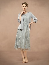 cheap Dress Sets-A-Line Mother of the Bride Dress Two Pieces Elegant Jewel Neck Tea Length Lace 3/4 Length Sleeve with Embroidered Lace Applique 2025