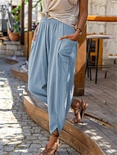 economico Pantaloni-Pantaloni baggy in cotone e lino da donna chinos moda streetwear lunghezza intera vita media tasca semplice elastico comodo morbido confortevole micro-elastico all&#039;aperto street blu uovo di merlo