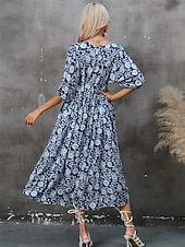 economico Abito Floreale-Abito Midi Donne Abito A Line Abito Fit And Flare Bohemia Vacanza Maniche A Lanterne Casual Quotidiano Fit Regolare Grafica Mezza Manica Collo a V Blu Navy Estate Primavera