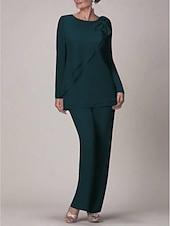 voordelige Broekpakken van mama-Strand Bruiloft Twee Delige Jumpsuit  Pantsuit Moeder van de Bruid Bruiloft Gast Elegante Plus Size Juweel Hals Vloerlengte Chiffon Lange Mouw met Strik(ken) Rimpelingen 2025