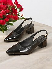 cheap Block Heels-Women&#039;s Patent Leather Pointed Toe Slingback Heels – Elegant Croc-Embossed Block Heel Pumps for Office, Party and Formal Events