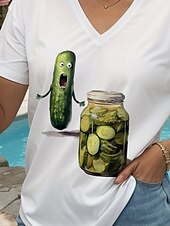 billige Humor og sitater t-skjorte-Dame Bluse Grafisk Tegneserie Fritid Kortermet V-hals Vanlige topper Daglig Ut på byen Strand Klær Trykt mønster Svart Hvit Sommer