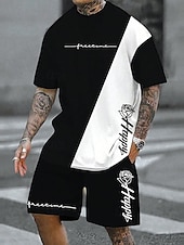 billiga T-shirts med tryck för män-Herr Reste sig 2st T-shirts uppsättningar Summer Tops Kortärmad Korta byxor Rund hals Fritids- Sport &amp; Utomhus Utekväll Ledigt / vardag Crewneck Sommar Svartvit