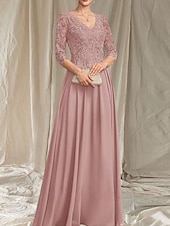 economico Lunghezza del pavimento-Linea ad A Abito da cerimonia per signora Ospite di nozze Elegante Scollo a V Lunghezza al pavimento Chiffon Manica 3/4 con Perline Applicazioni 2025