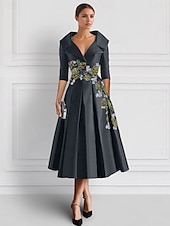 baratos Vestidos de Cocktail-azul bordado folha floral renda a-line coquetel formal casamento convidado vestido elegante vintage camisa colarinho chá comprimento cetim meia manga 2025