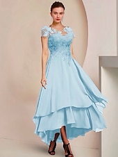 economico Lunghezza del pavimento-Abito A-line Madre della Sposa Abito Ospite di Matrimonio Formale Elegante Alto-Basso Collo a Barchetta Asimmetrico Lunghezza Tea Chiffon Pizzo Manica Corto con Applicazioni in Paillettes 2025 taglia