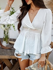 billige Kvinne Enkle Topper-Kvinners Bluse Boho Skjorte Enfarget Stilfull Avslappet Langermet V-Hals Vanlige Topper Daglig Lappverk Utskjæring Sort Hvit Blå Aprikos Sommer Vår