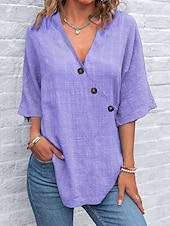 cheap Shirts-Women&#039;s Shirt Cotton Linen Shirts Plain Daily Casual Half Sleeve Butterfly Sleeve Crossover Collar Regular Tops Daily Patchwork Buttons Blue Purple Green Gray Summer Spring