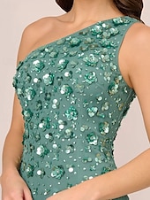 cheap GREEN-Sheath / Column Beaded Gown Celebrity Style Dress Formal Wedding Guest Floor Length Sleeveless One Shoulder Chiffon with Flowers Beading Sequin Slit