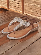 baratos Mulheres-sandálias femininas estilo boho marrom enfeitadas – calçados de tiras baixas adornados com cristais para festivais de verão, viagens à praia e reuniões casuais