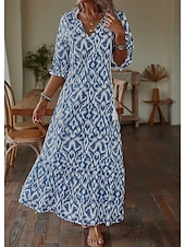 tanie Sukienki boho-Damskie Długa sukienka sukienka maxi Sukienka Boho Sukienka z nadrukiem Sukienki Peplum Romantyczna Nowoczesny Bufka Codzienny Święto Plaża Luźna Graficzny Kwiat Rękaw 1/2 W serek Rumiany r