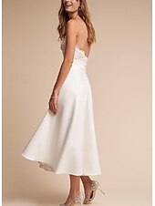 cheap Little White Dresses-Engagement Little Graduation White Dresses Wedding Dresses A-Line V Neck Spaghetti Strap Sleeveless Ankle Length Chiffon Bridal Gowns With Sash / Ribbon 2025