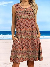 levne Boho šaty-Dámské Mini šaty Tričkové šaty Letní šaty Áčkové šaty prázdniny Na běžné nošení Plážový styl Denní Dovolená Jdeme ven Běžný Květinový Bez rukávů Tričkový Rubínově červená Oranžová Hnědá Trávová zelená