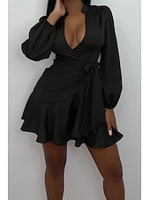 abordables Robes moulantes de soirée-Femmes Mini Robe Robe fourreau Élégant Mode Vacances Sortir Week-end Coupe régulière Uni manche longue Col en V Noir Rouge Été