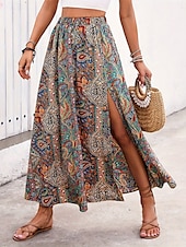 cheap Graphic Skirts-Women&#039;s Skirt A Line Swing Casual Boho Maxi High Waist Skirts Graphic Paisley Print Split Ends Vacation Holiday Blue Purple Summer Polyester