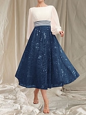 preiswerte Teelänge-A-Linie Brautmutterkleid Hochzeitsgast Elegant Rundhalsausschnitt Tee Länge Chiffon Spitze Lange Ärmeln mit Perlen Rüschen Midi Kleid 2025