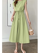 economico disegnare abiti in cotone e lino-Per donna Abito Midi Abiti in cotone e lino Moda Classico Moderno All&#039;aperto Quotidiano Ferie Vestibilità regolare Semplice Senza Maniche Girocollo Nero Verde chiaro Verde militare Blu marino Estate