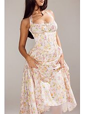 cheap Dresses-Retro Vintage Medieval Renaissance Midi Dress Flare Dress Ren Faire Halter Regency Inspired Floral Women&#039;s Masquerade Wedding Vacation Casual Daily Adults&#039; Dress Summer