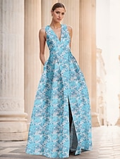 baratos AZUL-Linha A Vestidos de noite Elegante Vestido Formal Casamento Longo Sem Manga Decote V Fibra Sintética com Estampa floral Fenda Bolsos 2025