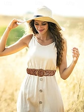 levne Dámský pásek-tkaný opasek boho macrame pro ženy – ručně vyrobený široký bederní pás s dřevěnou přezkou, vintage chic styl pro šaty, ležérní outfity a letní plážové oblečení