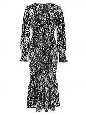 preiswerte abendkleider-Damen Midikleid Cocktailkleid Etui-Kleid Mode Urlaub Ferien Teegesellschaft Normale Passform Leopard Langarm V Ausschnitt Schwarz Khaki Aprikose Sommer