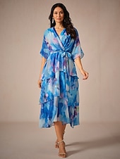 billige Kjoler med trykt mønster-Dame Lang kjole Maxikjole Kjole med A-linje Elegant Formelt Stevnemøte Normal Blomstret Halvlange ermer V-hals Blå Sommer